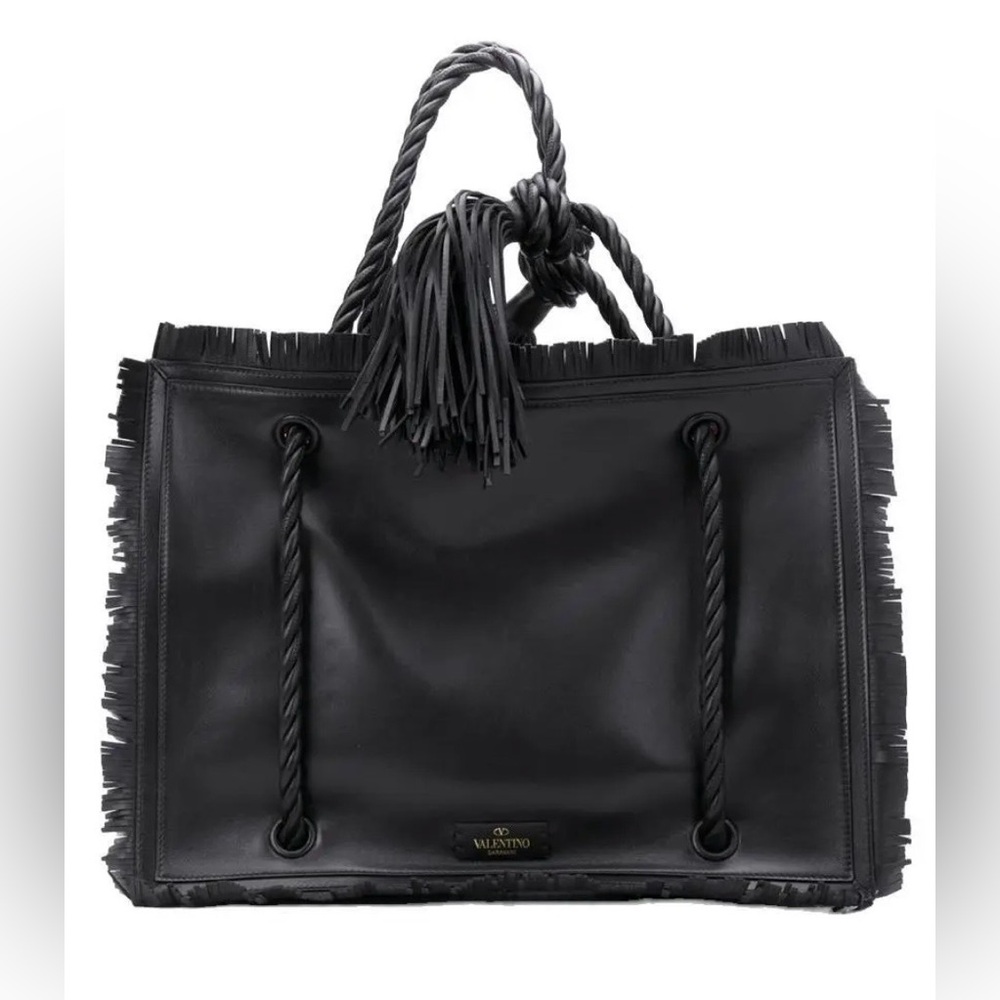 Valentino Garavani THE ROPE Large Fringe Black Leather Tote